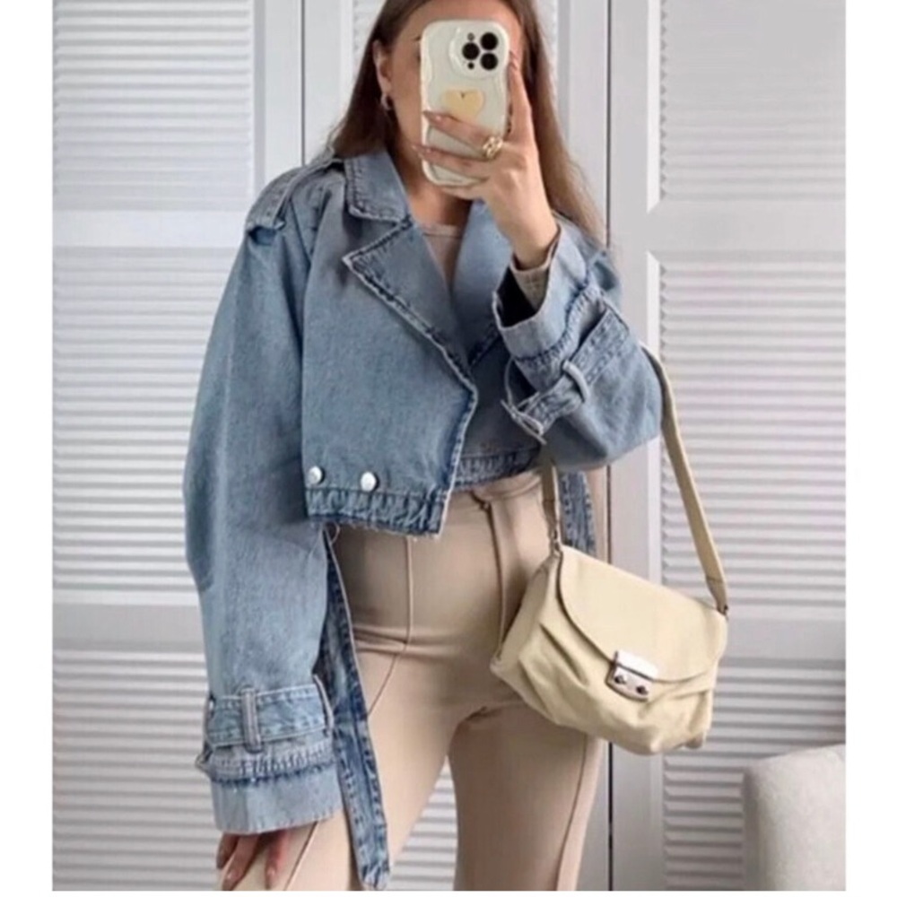 Zara TRF Denim Cropped Trench Coat Blue Jacket S - Picture 13 of 15
